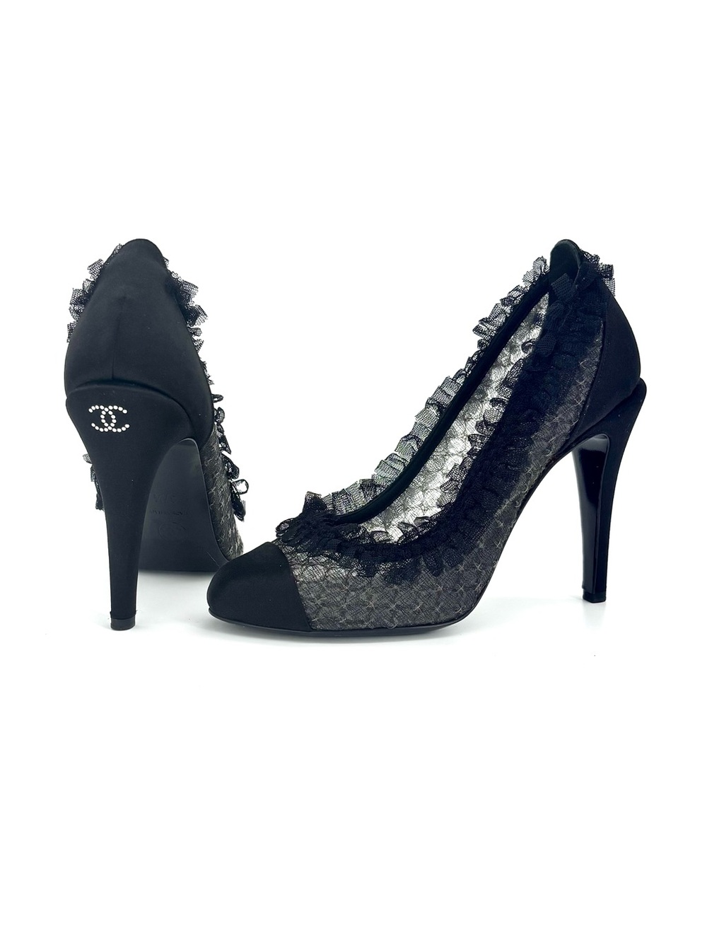Chanel 2012 Lagerfeld CC Logo Black Ruffle Cap Toe Pumps 37.5